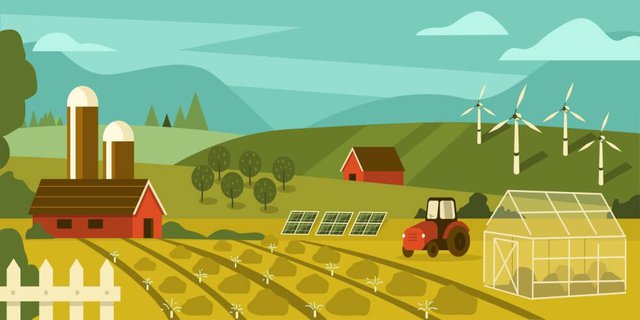 Cartoon drawing of a small farm with a field, red buildings, a greenhouse, 4 wind turbines, 3 solar panels, and a red tractor