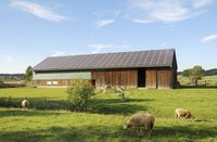 A barn with solar panels on the roof, surrounded by green grass and 3 sheep in the foreground